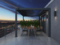 Eine moderne Pergola mit einem Holztisch und Stühlen auf einem Balkon mit Blick auf die Stadt.