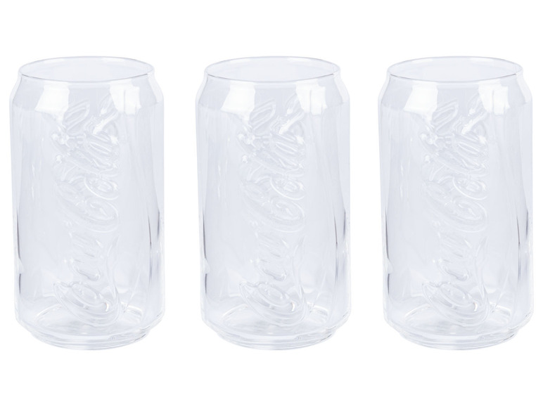 Drei Gläser in Form einer Coca-Cola-Dose.