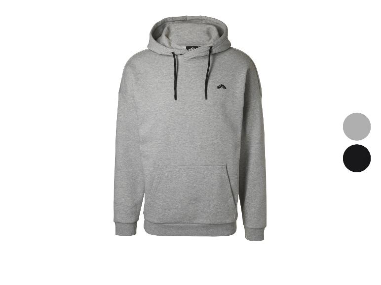 Grauer Hoodie mit schwarzem Logo und Kordelzügen, auch in Schwarz erhältlich.