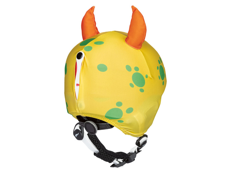Ein gelber Helm mit grünen Punkten und orangefarbenen Hörnern.