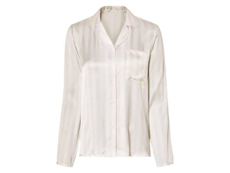 Eine weiße Seidenbluse mit langen Ärmeln und Streifen.