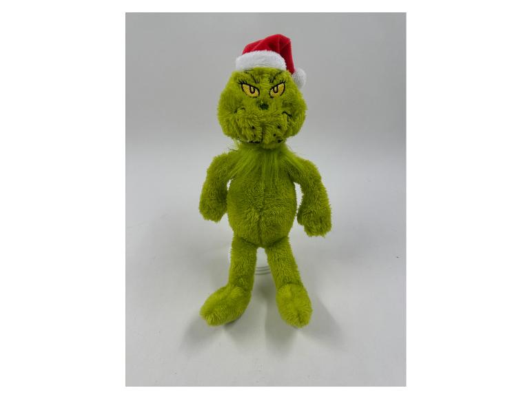 Ein grünes Grinch-Plüschtier mit Weihnachtsmütze, stehend.