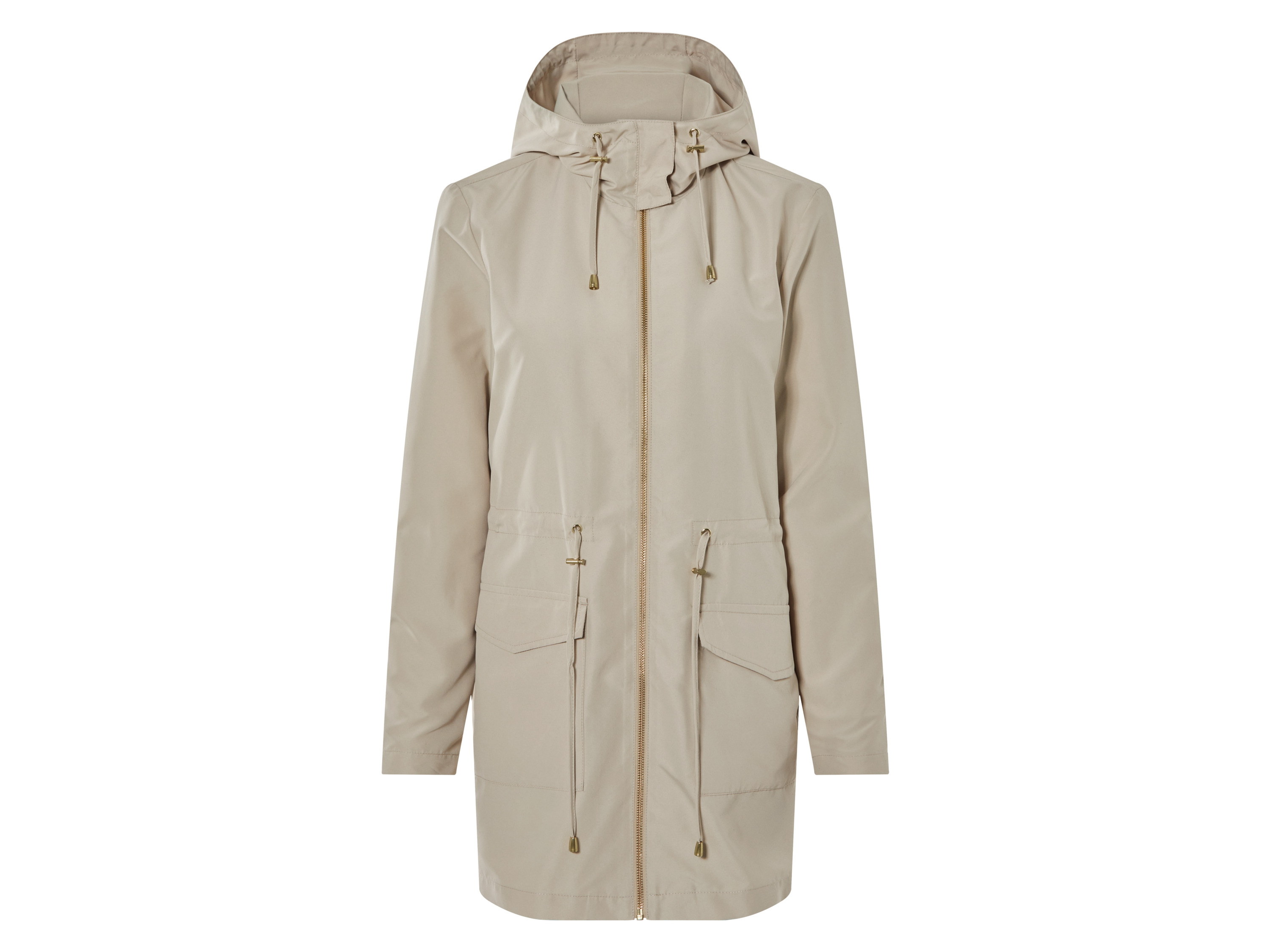 esmara® Damen Parka (Beige, 34)““ | aufgesetzte Pattentaschen vorn Tunnelzug mit Bindeband in der Taille Leger, leicht tailliert geschnitten Rückseite mit Gehschlitz Mit hochwertigem, recyceltem YKK-Markenreißverschluss Produktmerkmale tabletd Farbe: beige, navy Muster: – Detail: wasserabweisendes Obermaterial leichtes, sommerliches Material Kapuze mit Bindeband große