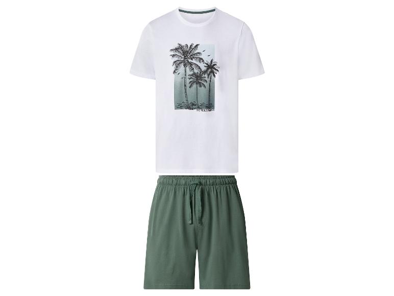 Herren-T-Shirt in Weiß mit Palmenprint und grünen Shorts, Text 'Tropical Summer'.