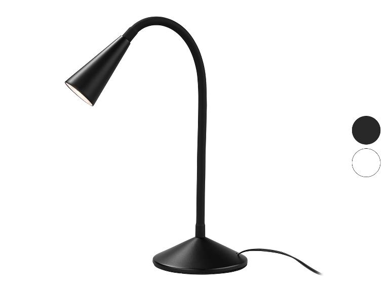Schwarze LED-Tischleuchte mit flexiblem Arm und rundem Sockel, mit schwarzen und weißen Farboptionen.