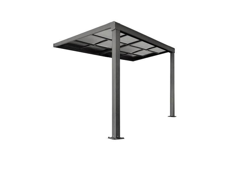 Grauer Metallpavillon mit vier Beinen und rechteckigem Dach