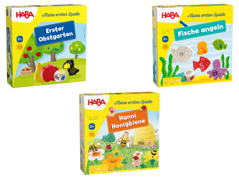 Drei HABA Meine ersten Spiele Kinderspiele in gelben Schachteln.