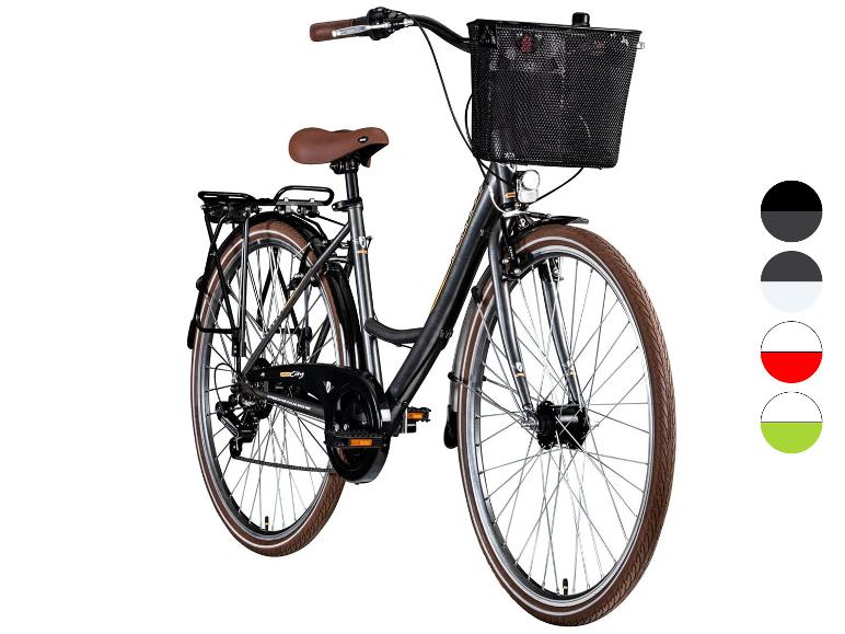 Schwarzes Citybike mit Korb und Gepäckträger.