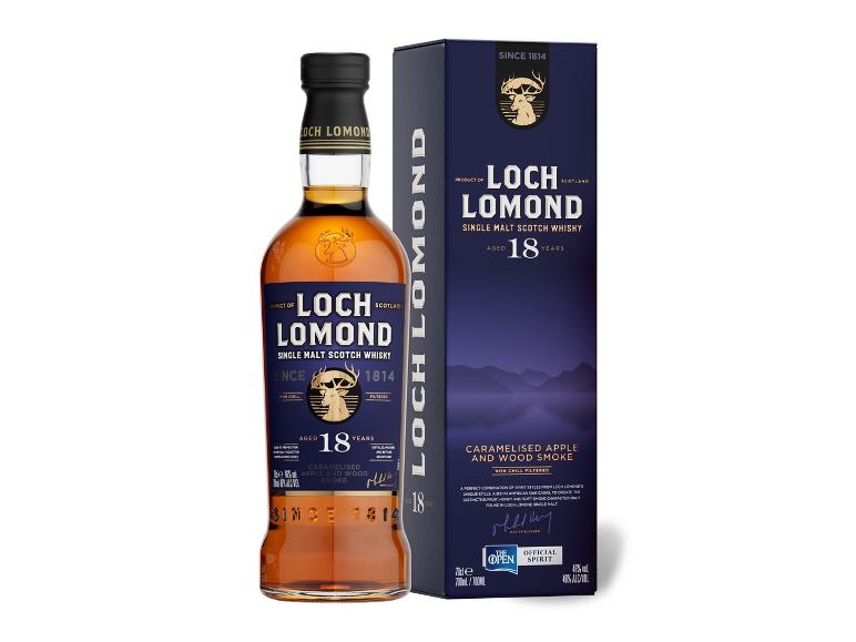 Loch Lomond 18 Jahre alter Whisky, Flasche und Karton.