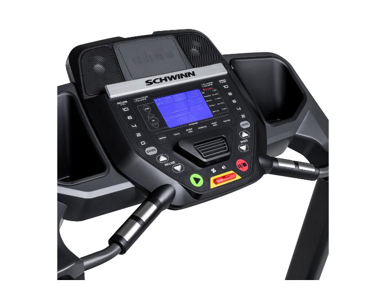 Laufbandkonsole mit Digitalanzeige, Bedientasten für Steigung und Geschwindigkeit sowie Getränkehaltern.