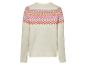 Weißer Pullover mit langen Ärmeln und einem mehrfarbigen norwegischen Muster.