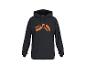 Schwarzer Kapuzenpullover mit einem orangefarbenen abstrakten Logo auf der Brust