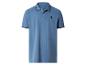 Blaues Poloshirt mit schwarz gestreiftem Kragen und Ärmelbündchen, mit Palmenstickerei.
