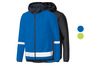 Blaue Windjacke mit reflektierenden Streifen.