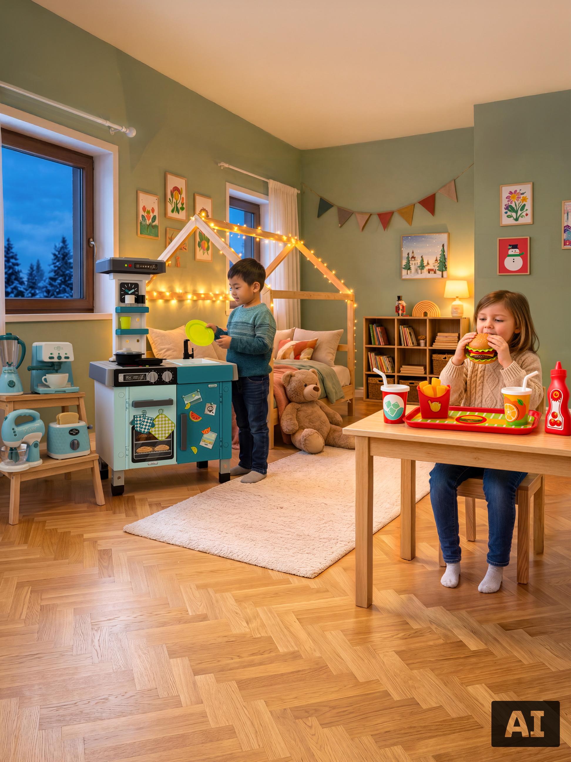 Kinder-Spielküche aus Holz und Spielset Hamburger mit Zubehör.