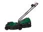 Grüner Elektromäher mit schwarzen Details und roten Akzenten.