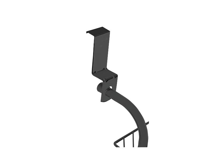 Ein schwarzer, an der Wand montierbarer Seifenschwammhalter für die Dusche.