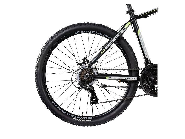 Nahaufnahme eines schwarzen Zundapp Mountainbikes mit Kenda-Reifen und Shimano-Komponenten.