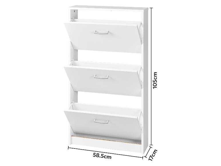 Weißer Schuhschrank mit drei Schubladen, Maße 105x58,5x17cm.