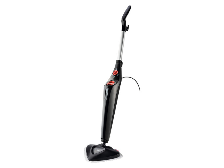 Ein schwarzer Vileda Dampfreiniger mit einem roten Knopf.