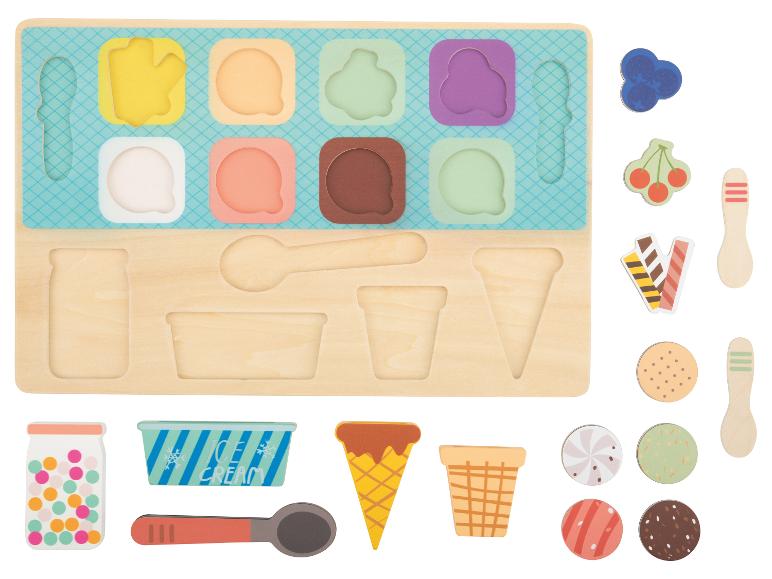 Holz-Sortierspiel mit Eiscreme-Thema und Zubehör.