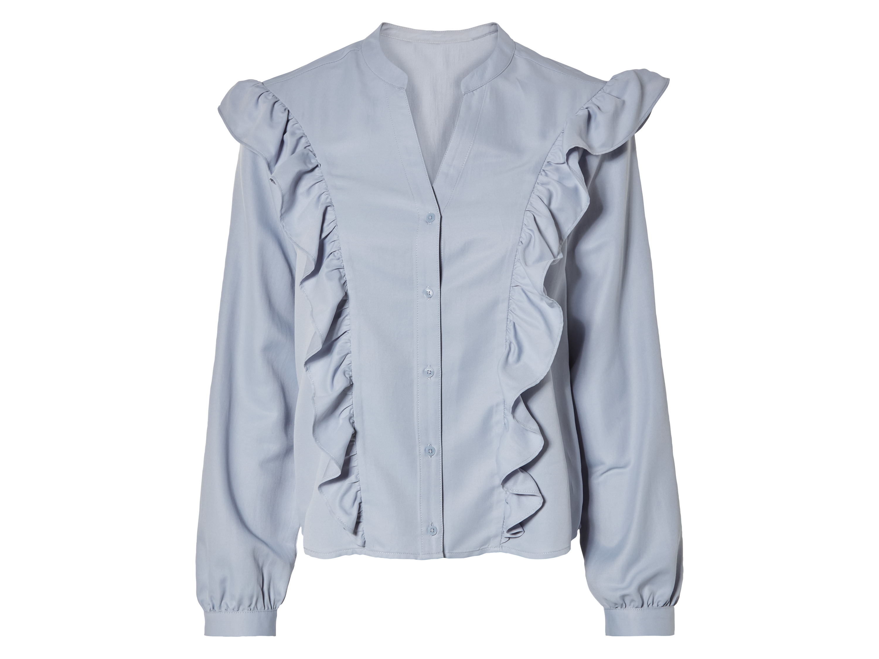 esmara® Damen Bluse (Hellblau, 46)““ | Volants Passform: – Schnitt: leger geschnitten Ausschnitt: hellblau: V-Ausschnitt Kragenform: – Ärmellänge: lang Material: Lyocell Tencel Polyester Pflegehinweis: waschen bei max. 30 °C Pflegeleicht nicht bleichen nicht im Wäschetrockner trocknen bügeln bis 110 °C Stufe 1. Kein Bügeln mit Dampf nicht trockenreinigen Größe: XS 32/34 – L 44/46 Meine Lidl-Größe – so einfach gehts Einfach den Lidl-Größenrechner besuchen. Für deine Personengruppe und Produktgruppe die gemessenen Körpermaße eintragen und dann den Berechnen-Button betätigen. Schon wird dir deine Größe angezeigt. Oeko-Tex® Standard 100 Geprüft auf Schadstoffe Zertifizierungsnummer: 09.0.68536 Hohenstein Htti Standard 100 by Oeko-Tex® ist die weltweit bekannteste, unabhängige Zertifizierung schadstoffgeprüfter Textil- und Lederprodukte aller Art – vom Garn und den Stoffen bis hin zum gebrauchsfertigen Artikel. Das Label bestätigt
