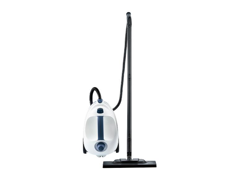 Weißer und blauer Dampfreiniger mit Schlauch und Bodendüse