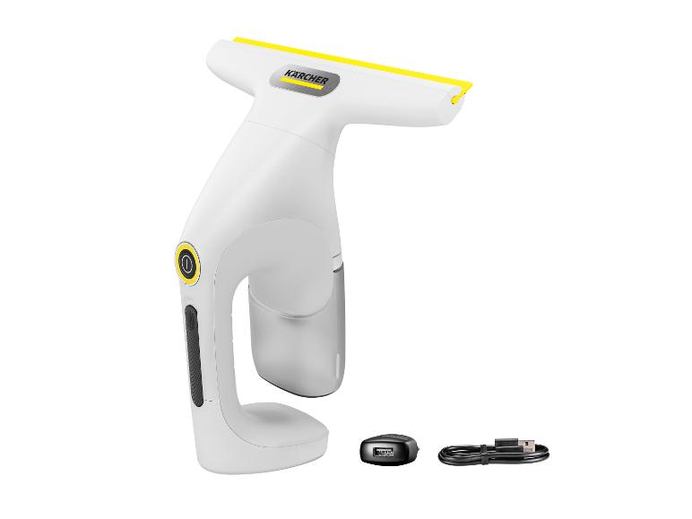 Weiß-gelber Akku-Fensterreiniger mit Ladegerät und USB-Kabel.