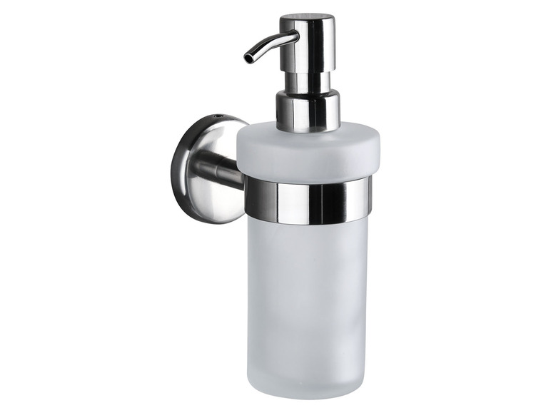 Ein an der Wand montierter Seifenspender aus Edelstahl.
