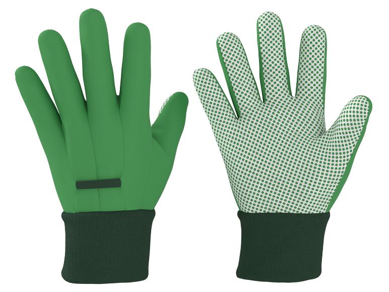 Ein Paar grüne Gartenhandschuhe mit Anti-Rutsch-Noppen.
