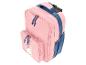 Rosa Rollrucksack mit blauen Details und einem Cartoon-Einhorn