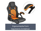 Schwarz-orangener Gaming-Stuhl mit ergonomischer Form und gepolsterten Armlehnen.