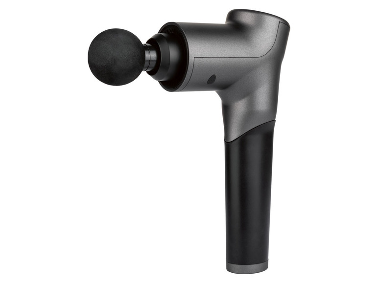Eine graue Massagepistole mit rundem Aufsatz.