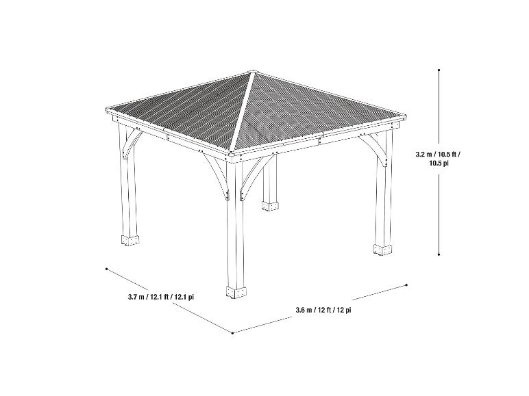 Pergola mit den Maßen 3,7 m x 3,6 m x 3,2 m.