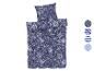 Ein dunkelblauer Bettbezug mit weißem Blumenmuster.
