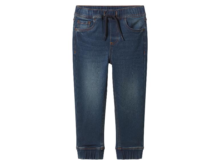Dunkelblaue Kinder-Jogger-Jeans mit Kordelzug und elastischen Bündchen.