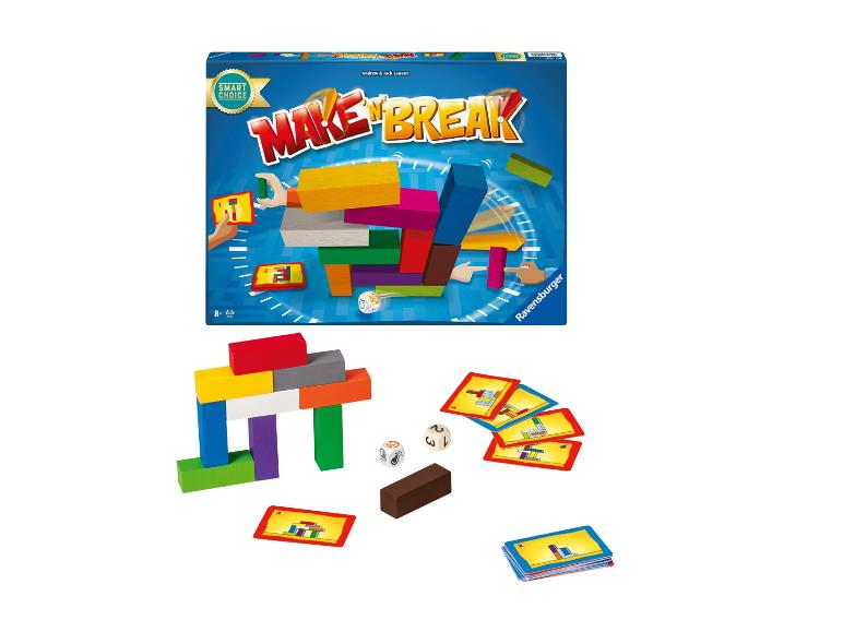 Make 'n' Break Brettspiel mit bunten Bausteinen, Karten und Würfeln.