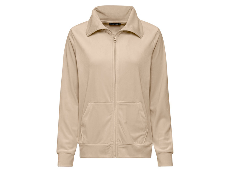 Beige Damenjacke mit Reißverschluss.