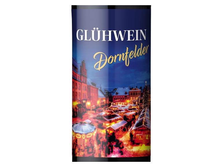 Glühwein Dornfelder Flasche mit einer Weihnachtsmarktszene.