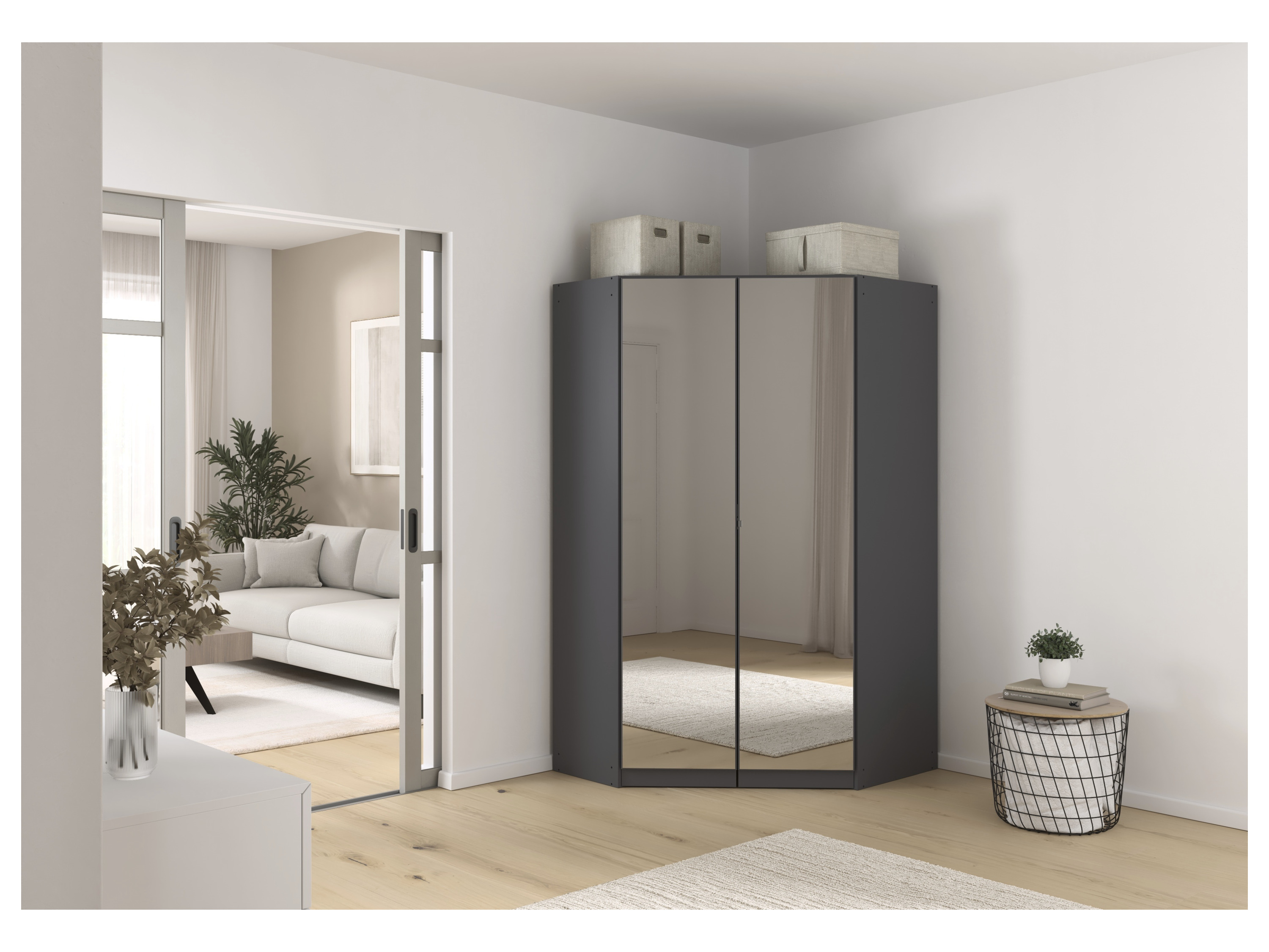 RAUCH BLUE Costa Drehtürenschrank mit Spiegel (Eckschrank, grau metallic, 117 x 197 cm) – Bild 2 von 4