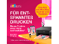 Epson EcoTank Drucker mit Tintenflaschen-Maskottchen, bewirbt entspanntes Drucken und eine App.