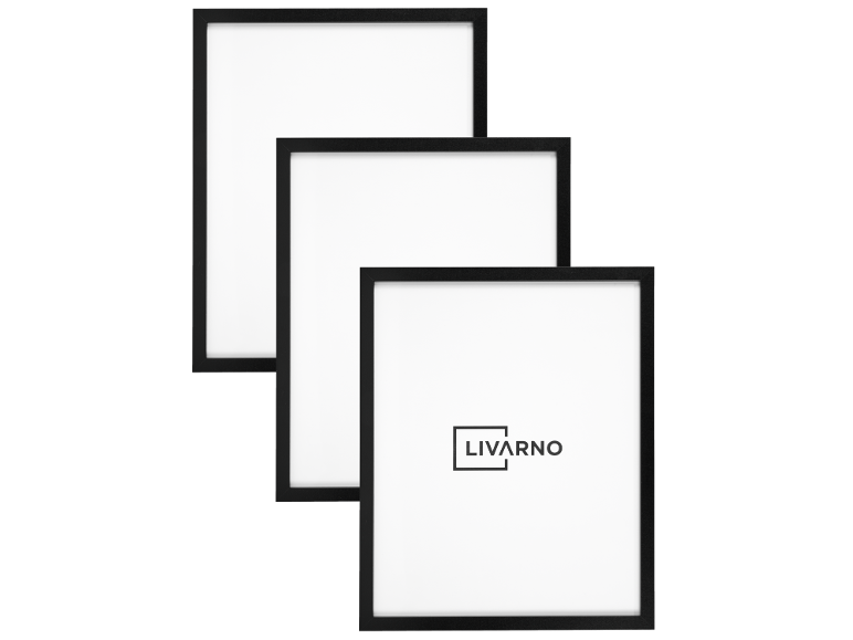 Drei leere schwarze Bilderrahmen mit dem LIVARNO-Logo auf dem vorderen