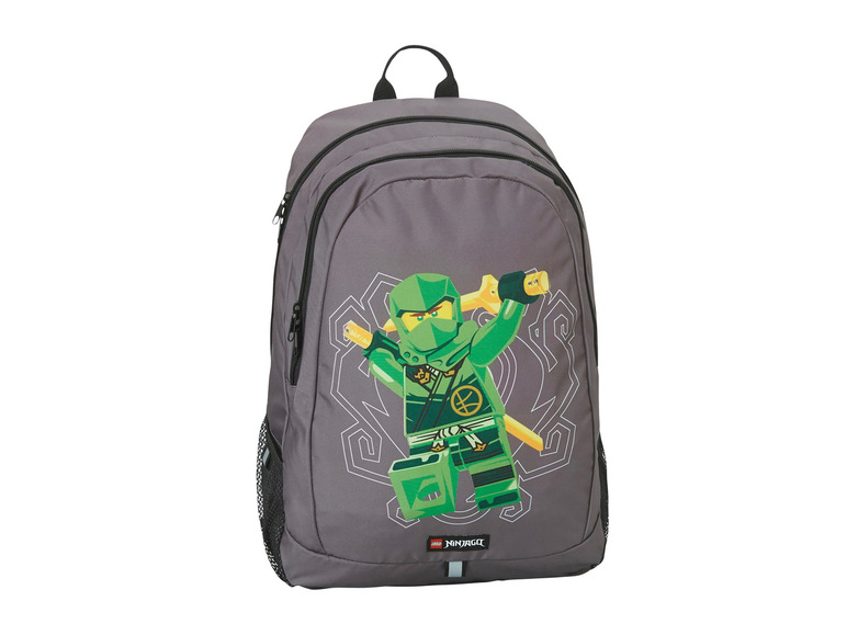 Grauer LEGO Ninjago Rucksack mit einer Ninjafigur.