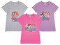 Drei LEGO Friends T-Shirts mit Abbildungen der Freundinnen und Texten wie 'Squad Goals', 'Play with Heart' und 'Good Vibes'.