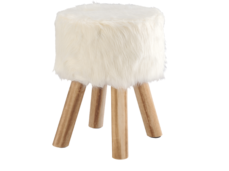 Weißer flauschiger Hocker mit Holzbeinen