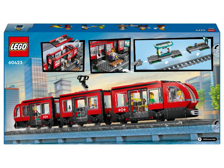 LEGO City Set 60423 mit rotem Personenzug und Bahnhof.