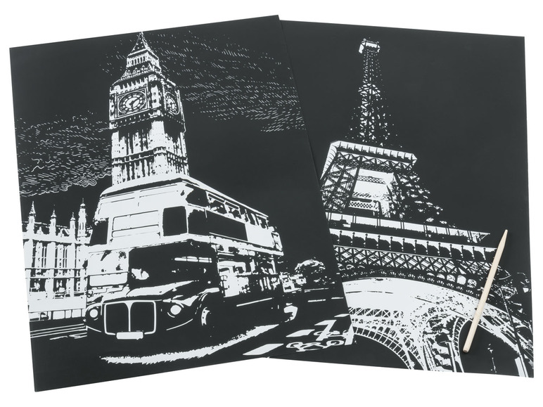 Zwei Scratch-Art-Karten mit Big Ben und dem Eiffelturm