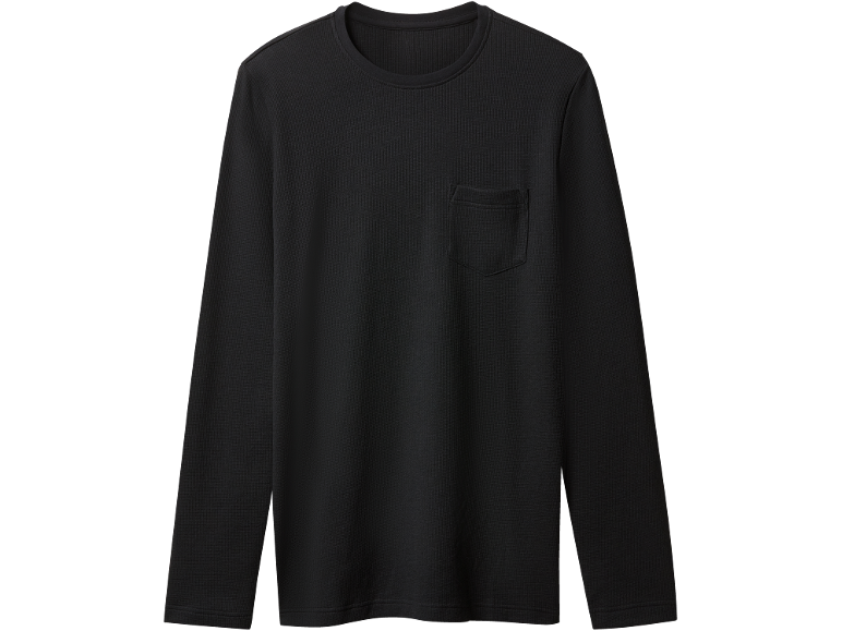 Schwarzes Herren-Langarmshirt mit Rundhalsausschnitt und Brusttasche.
