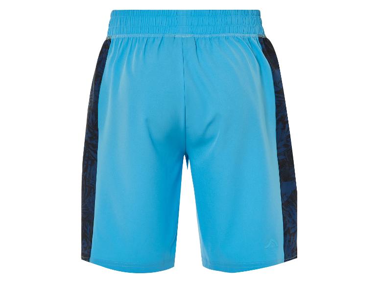 Blaue Sportshorts mit Muster, Rückansicht.