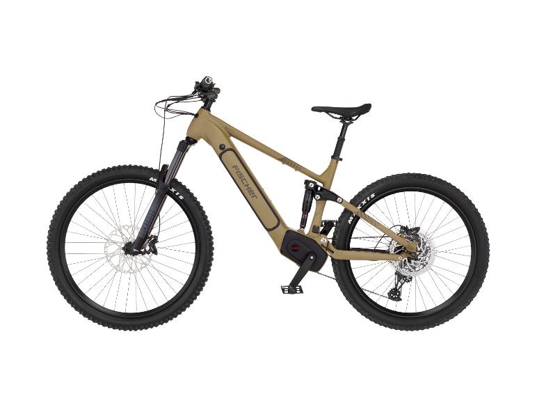 Vollgefedertes E-Mountainbike in mattem Olivgrün mit schwarzen Reifen und Komponenten.